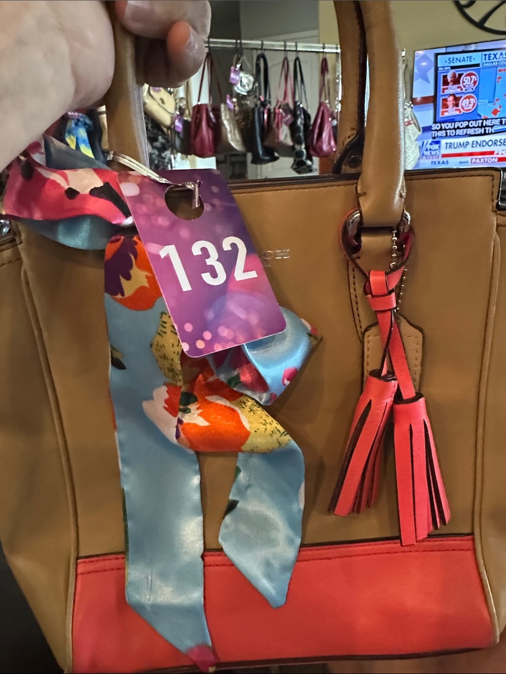 Coach #132 Mini Tanner Tan Leather Tote with Deep Coral  Tassel and Coral  Trim